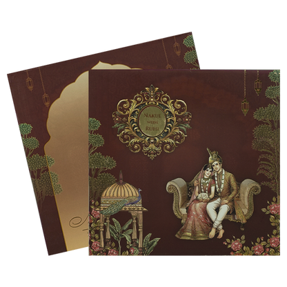 Brown Royal Couple Padded Wedding Card-KRE27940