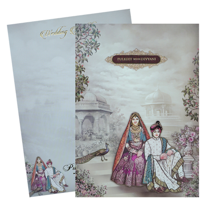 Cream Maharaja Couple Padded Wedding Card-KJTS1816