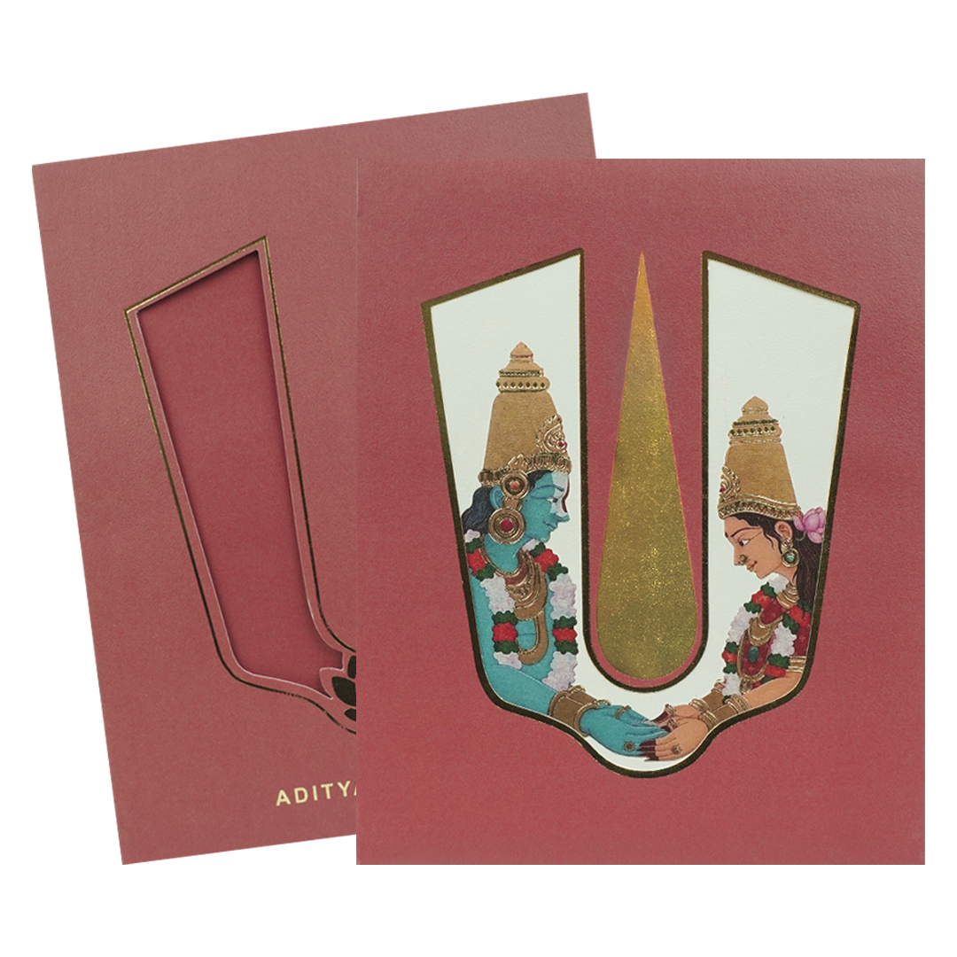 Maroon Gold Vaishnav Tilak Padded Wedding Card-KBM05120