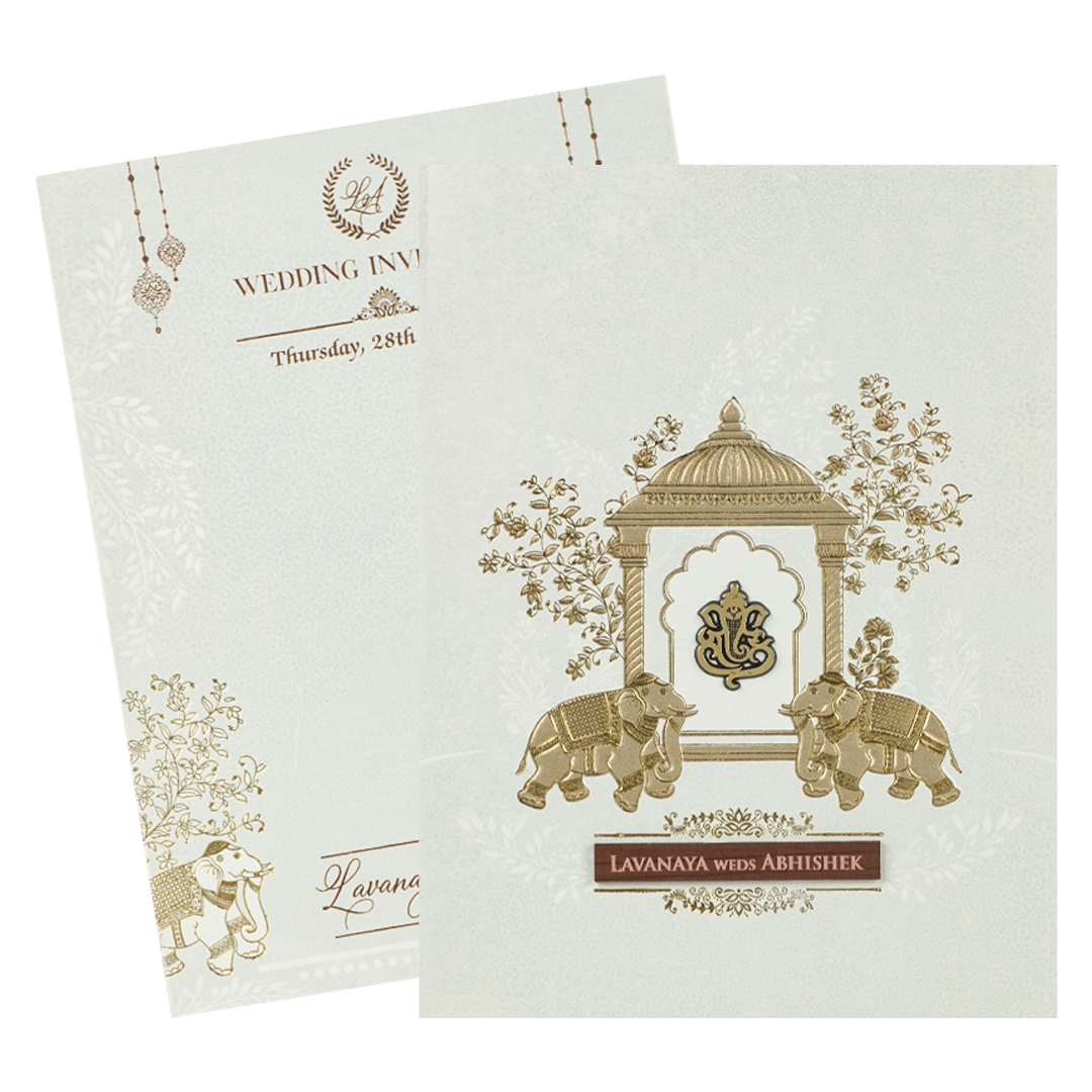 White Ganesha Arch Wedding Card-KRE27780