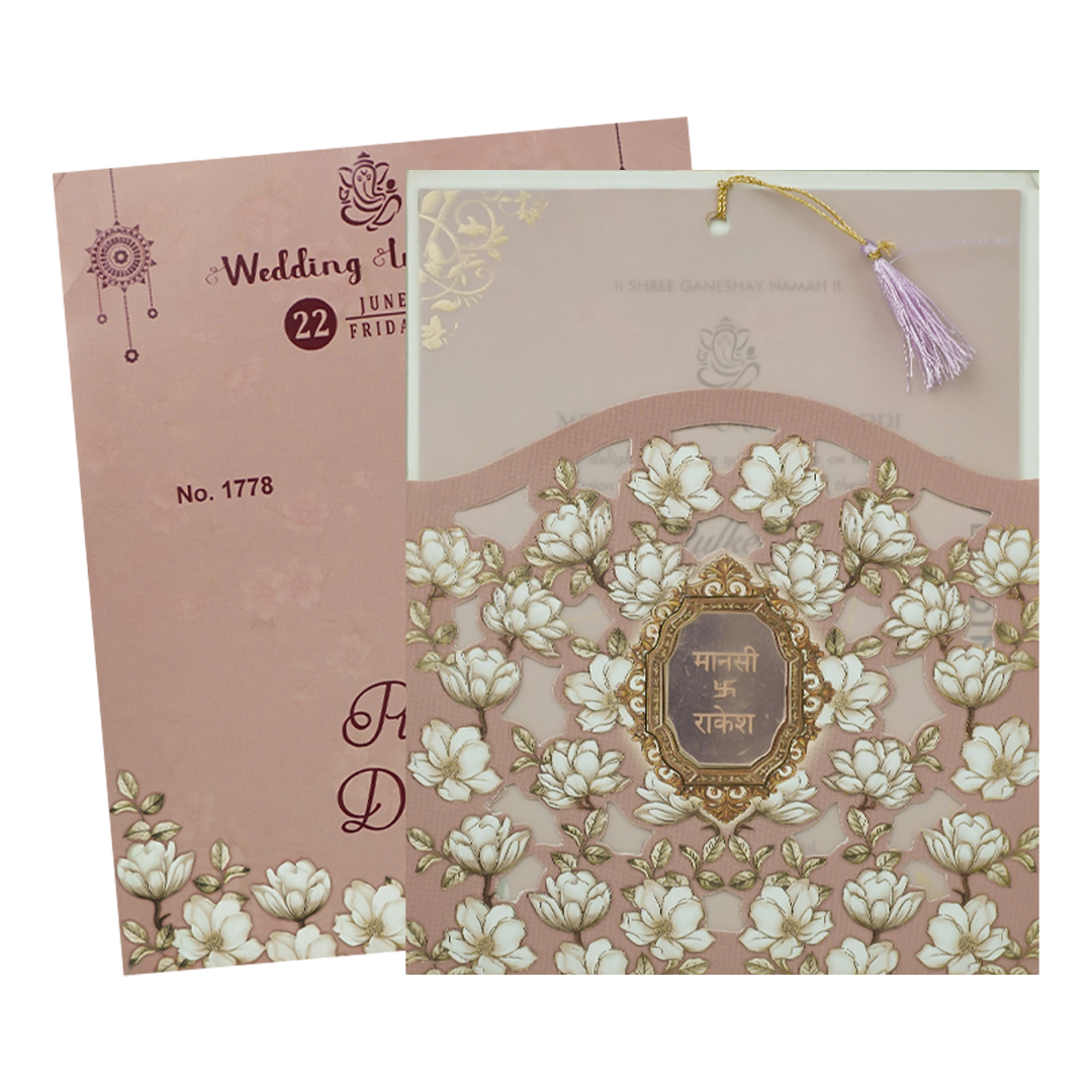 Pink Floral Laser Cut Wedding Card-KJTS1778