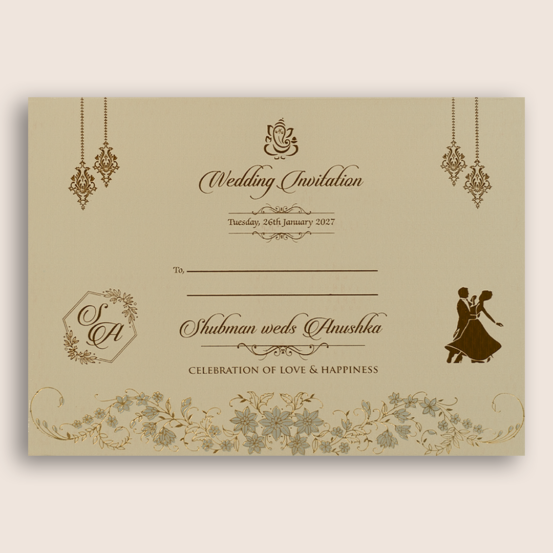 Beige Floral Padded Door Style Wedding Card - KRB09752
