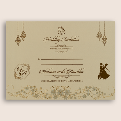 Beige Floral Padded Door Style Wedding Card - KRB09752