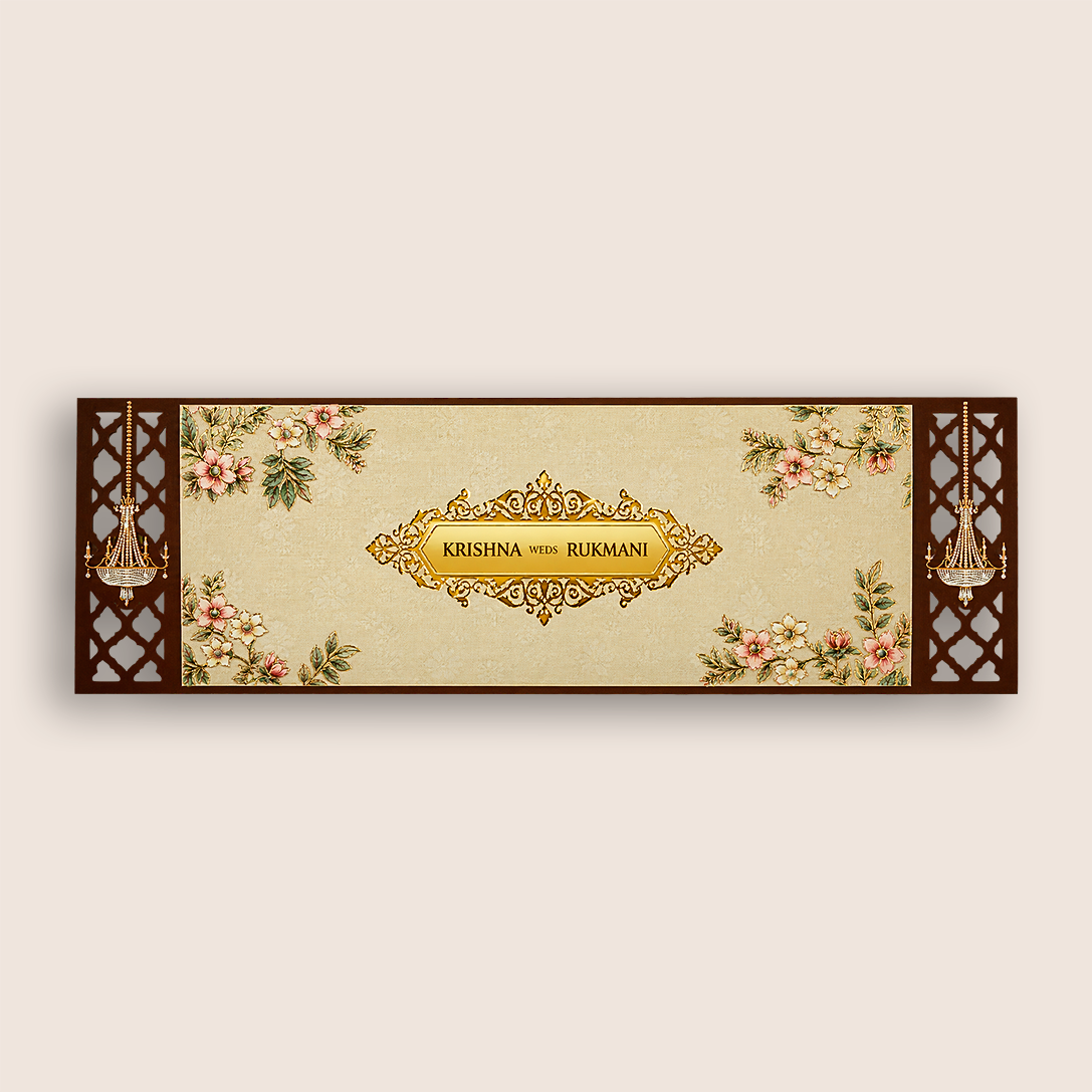 Brown MDF Floral Three Fold Wedding Card - KJTS1907