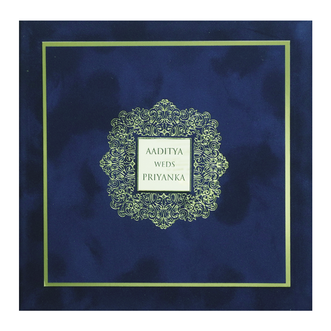 Royal Blue Velvet  Padded Square Wedding Card-KMMWD1151
