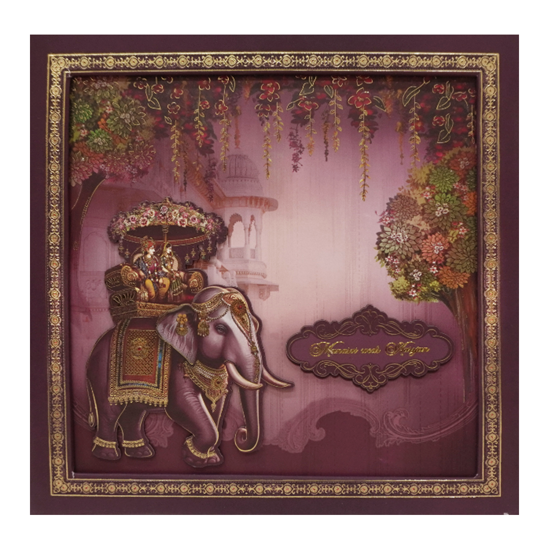 Purple Gold Elephant Palace Padded Wedding Card - KMMEX8030