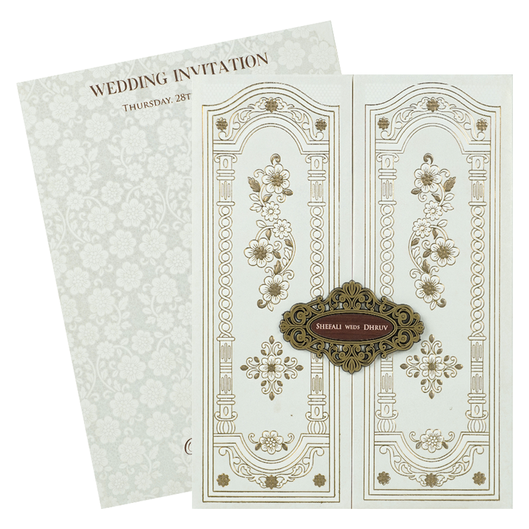 White Embossed Floral Arch Padded Wedding Card-KRE28250