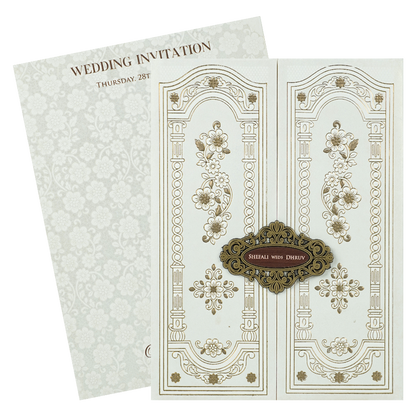 White Embossed Floral Arch Padded Wedding Card-KRE28250