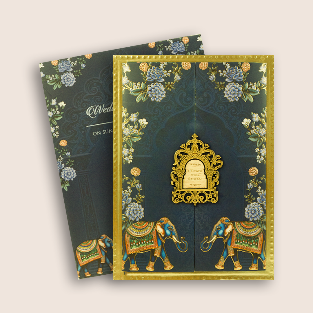 Navy Blue Embossed Elephant Wedding Invitation - KVN07960