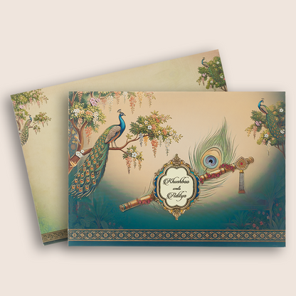 Cream Padded Floral Krishna Flute Wedding Card -  KAA06150