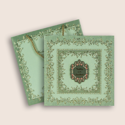 Pastel Green Embossed Floral Luxury Invitation Box - KSI32750