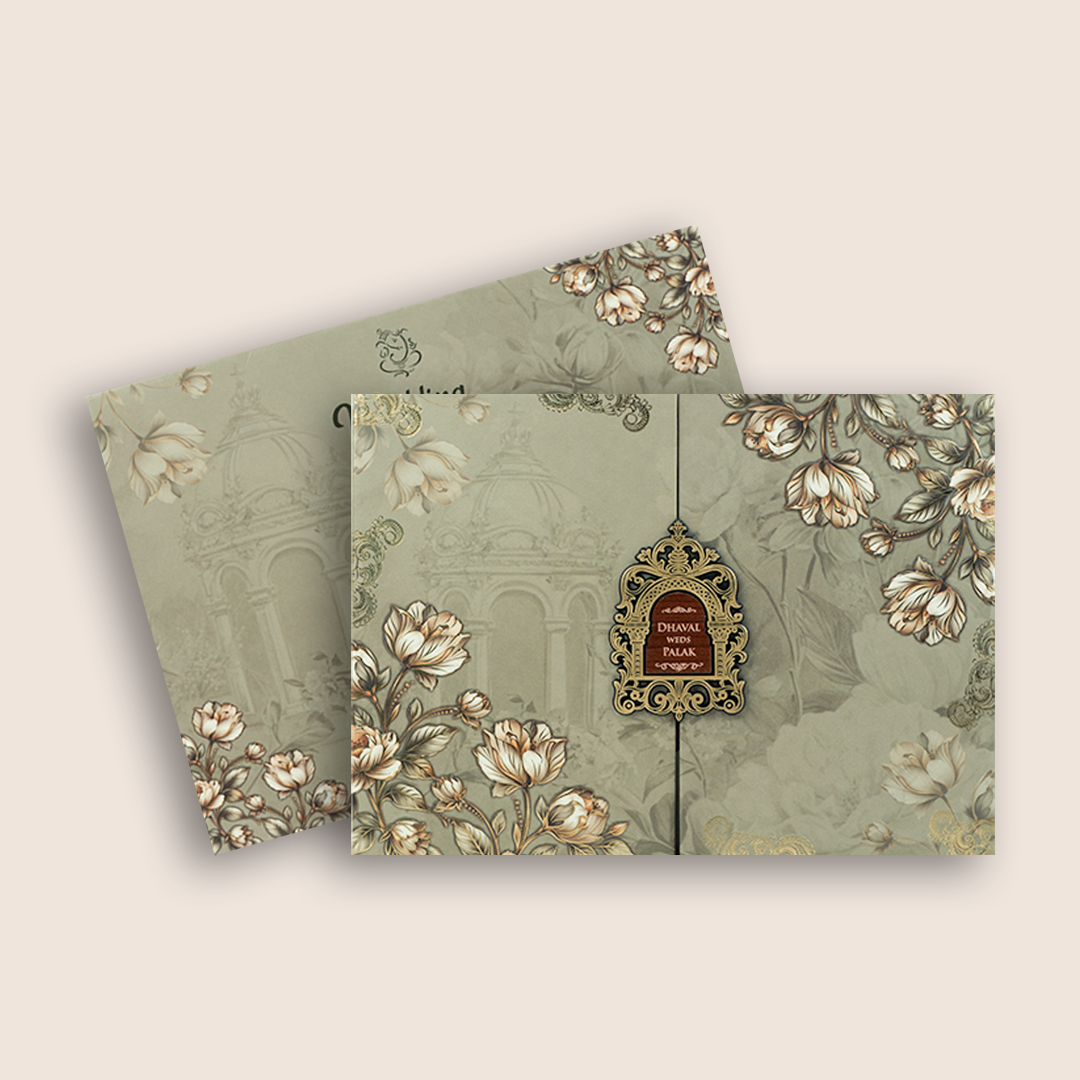 Beige Floral Embossed Door Style Padded Wedding Card - KVN07900