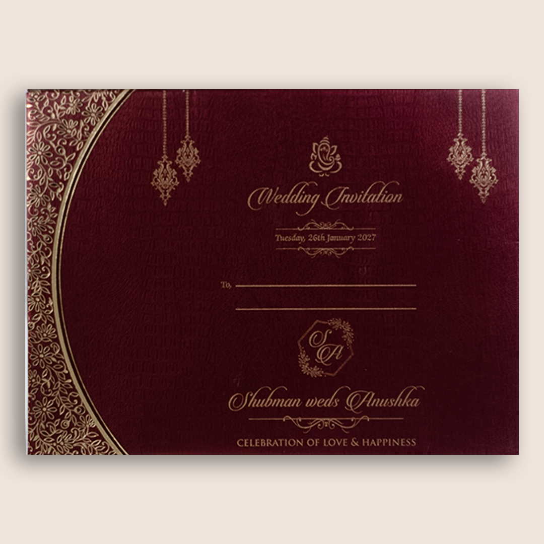 Wine Embossed Floral Door Style Padded Wedding Card - KRB10470