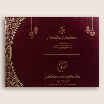 Wine Embossed Floral Door Style Padded Wedding Card - KRB10470
