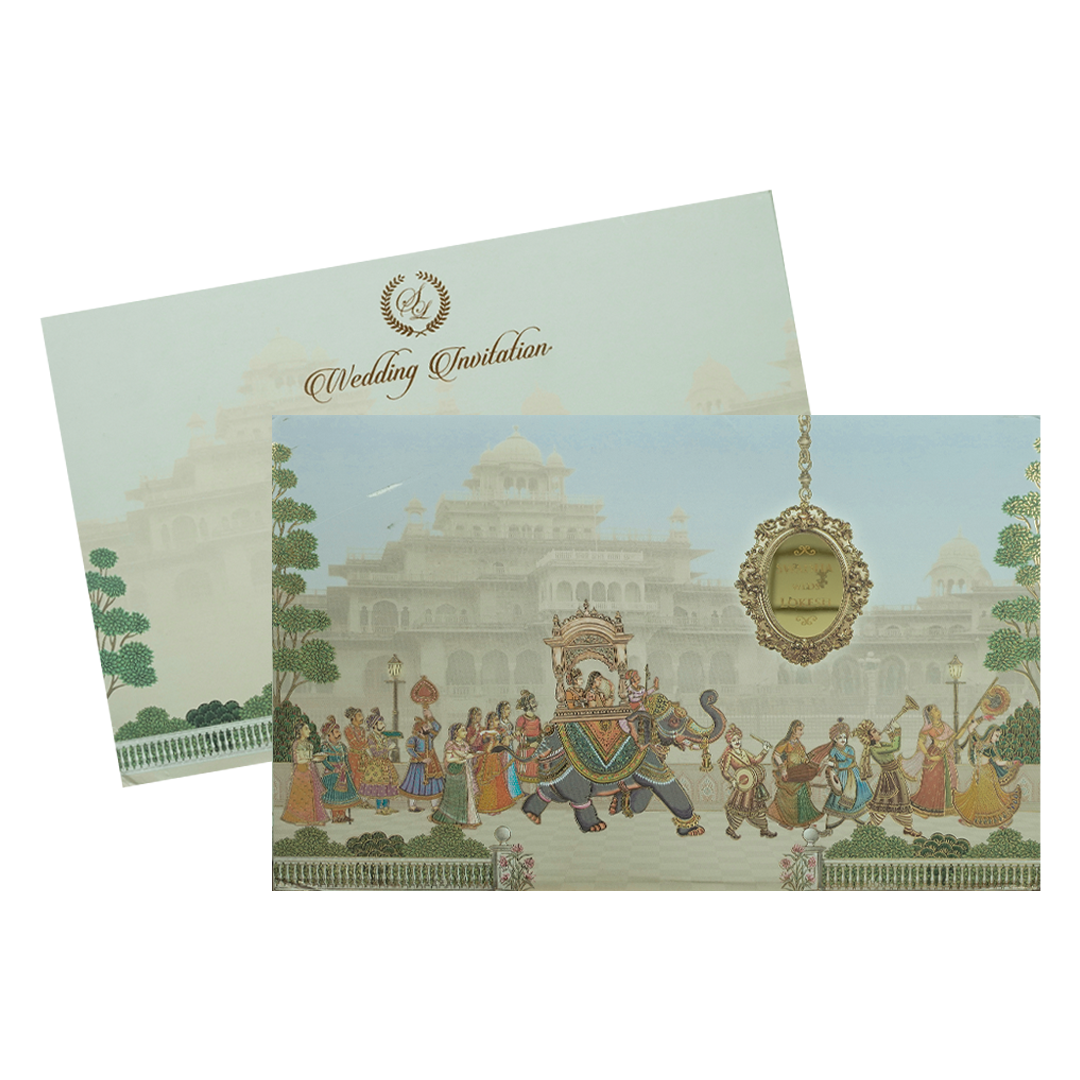 Check out Royal Palace Elephant Procession Padded Wedding Card at best price.WhatsApp Support|Express Delivery.