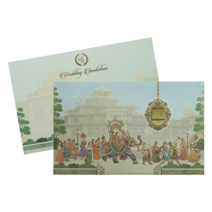 Check out Royal Palace Elephant Procession Padded Wedding Card at best price.WhatsApp Support|Express Delivery.