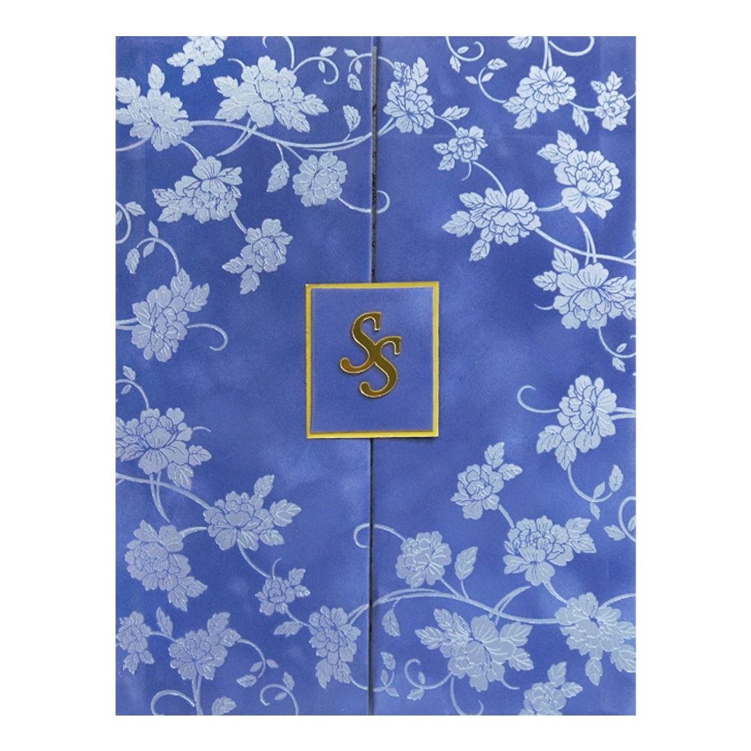 Blue Silver Floral Monogram Double Door Wedding Card - KMMWD1114