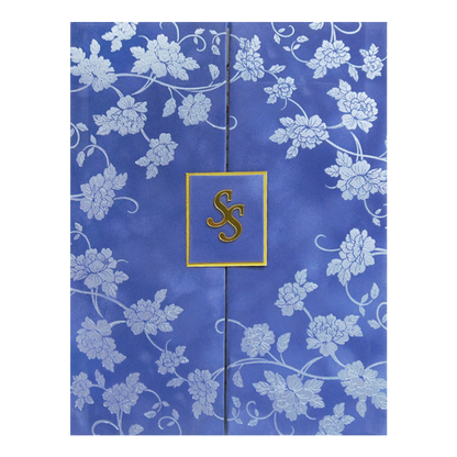 Blue Silver Floral Monogram Double Door Wedding Card - KMMWD1114