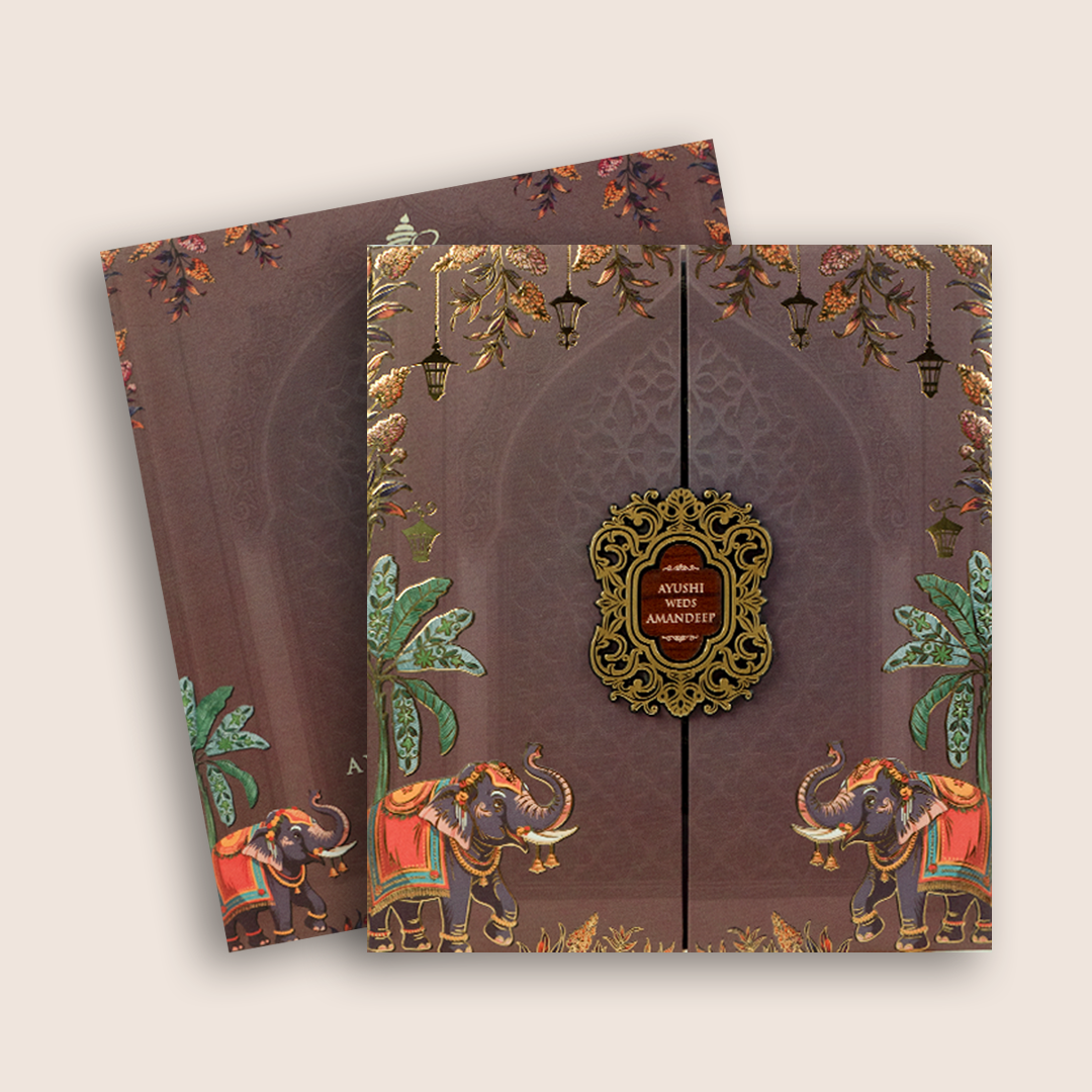 Brown Padded Elephant Door Style Wedding Card - KVN07980