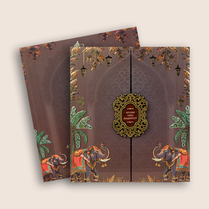 Brown Padded Elephant Door Style Wedding Card - KVN07980