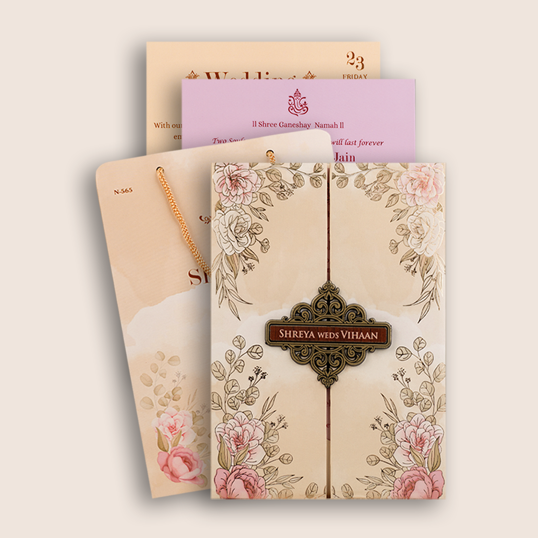 Cream Floral Padded Door Style Marriage Invitation - KVN05650
