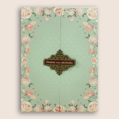 Green Rose Floral Door Style Wedding Card - KVN07240