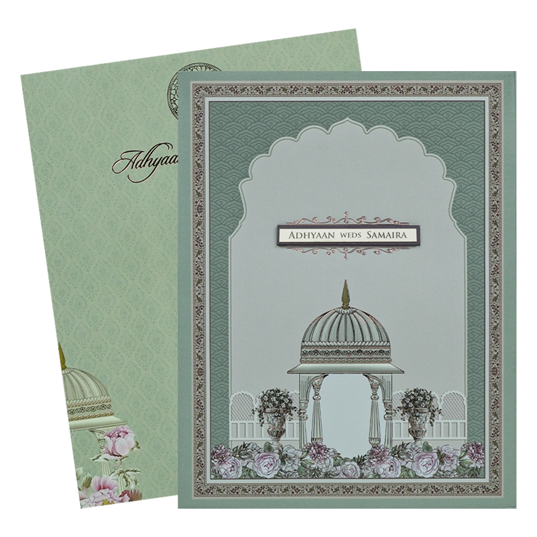 Grey Padded Floral Palace Wedding Card-KRC31040