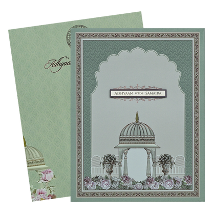 Grey Padded Floral Palace Wedding Card-KRC31040