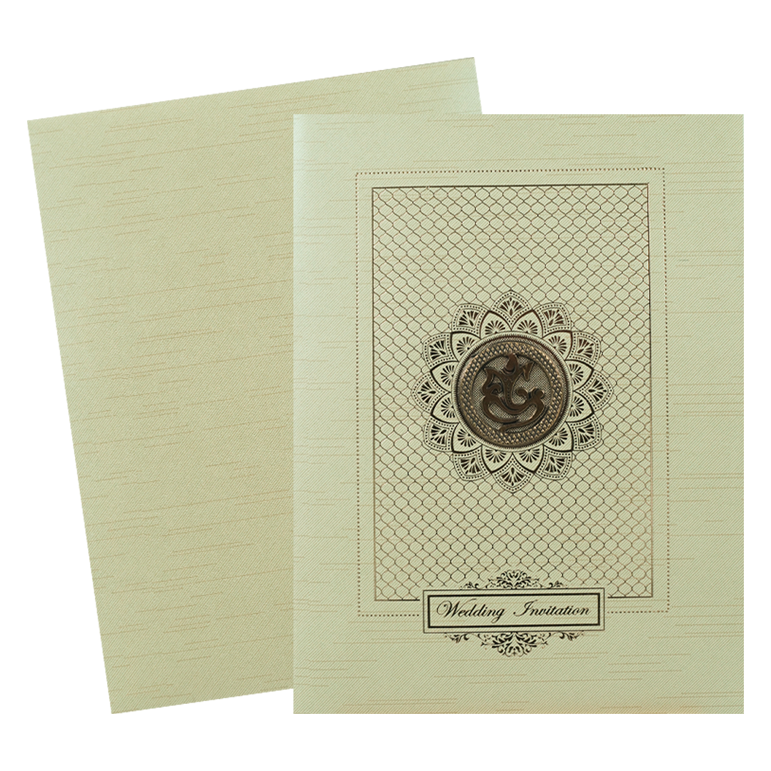Green Ganesha Lotus Embossed Wedding Card-KNRM7085N