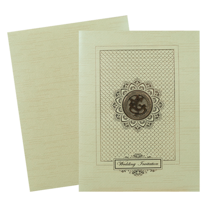 Green Ganesha Lotus Embossed Wedding Card-KNRM7085N