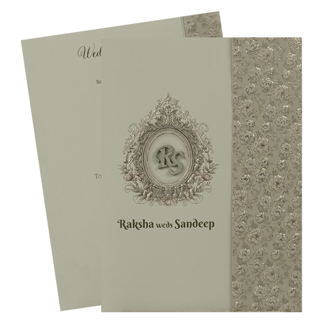 Grey Gold Embossed Floral Wedding Card-KSI64920