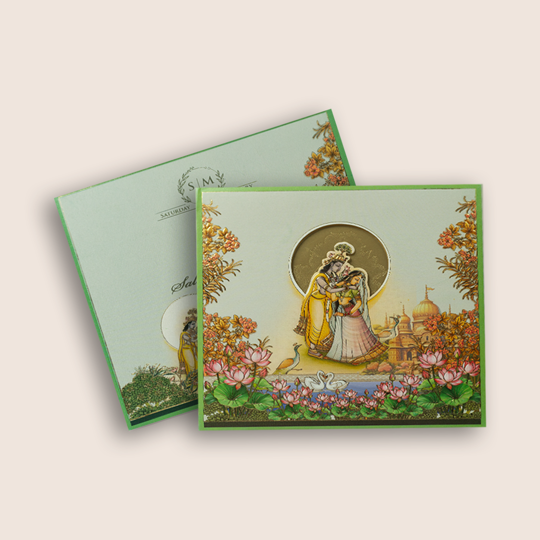 Light Blue Radha Krishna Padded Invitation Card - KPR026020