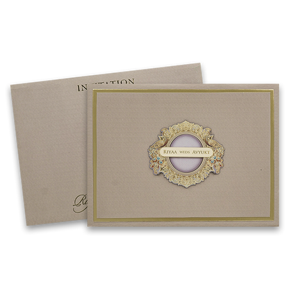 Beige Padded Peacock Premium Wedding Card - KRC31590