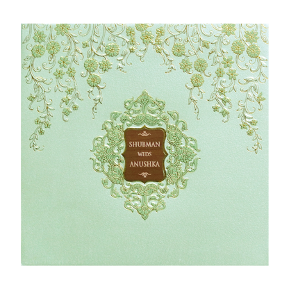 Pista Green Padded Embossed Floral Wedding Invitation Card-KRB09571