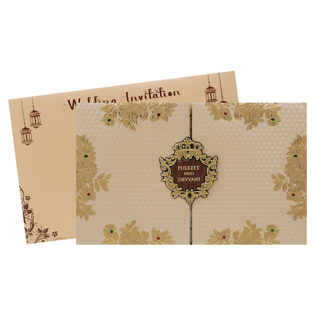 Check out Gold Floral Padded Wedding Card at best price. ✅WhatsApp Support ✅Express Delivery.|King of cards.