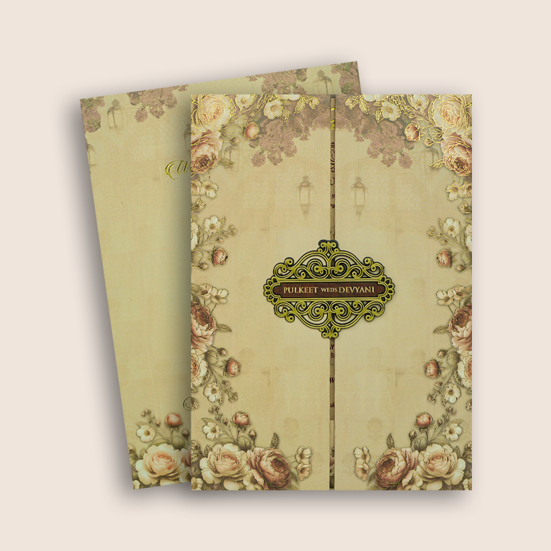 Pastel Brown Floral Door Style Padded Wedding Card - KJTS1741