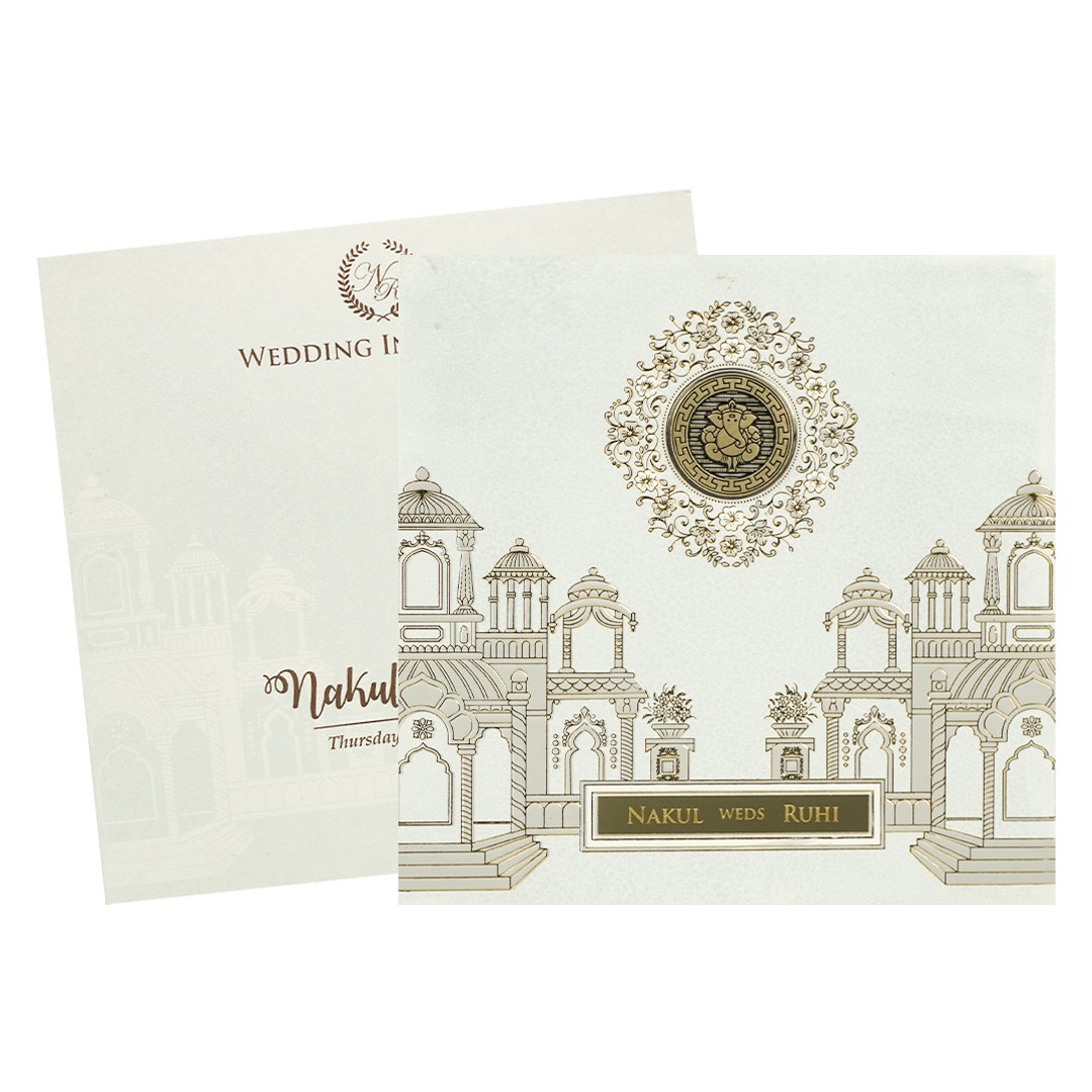 White Palace Ganesha Padded Wedding Card-KRE28260