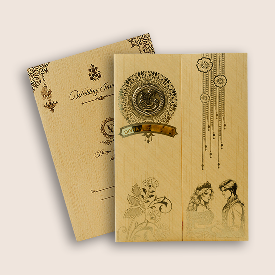 Gold Ganesha Door Style Wedding Card - KNKR041G