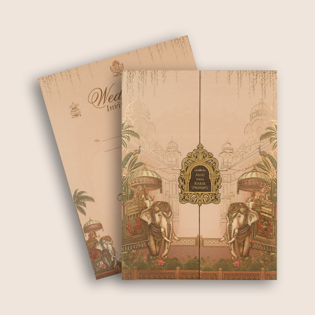 Peach Royal Baraat Padded Door Style Wedding Card - KSH18490