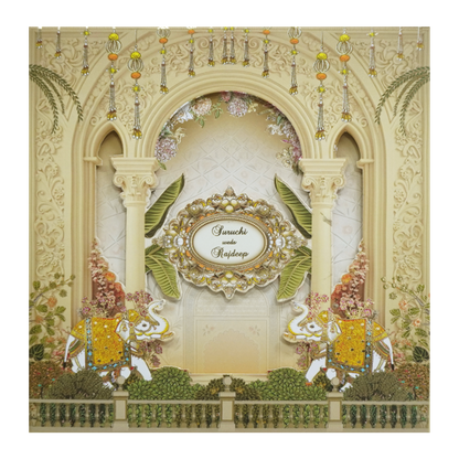 Yellow Cream Embossed Laser Cut Padded Wedding Card-KMMEX8180