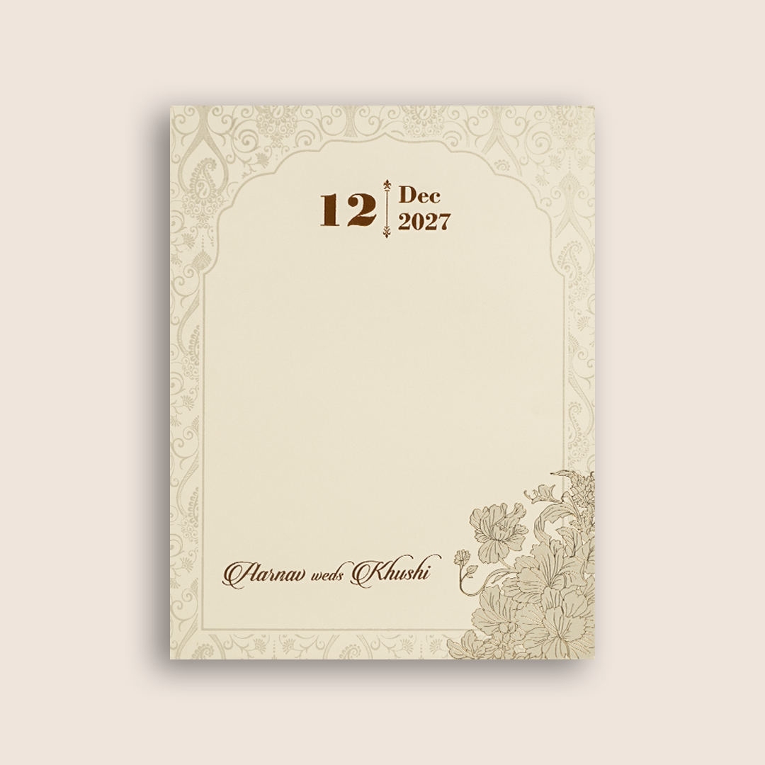Beige Embossed Floral Padded Wedding Card - KPR010210