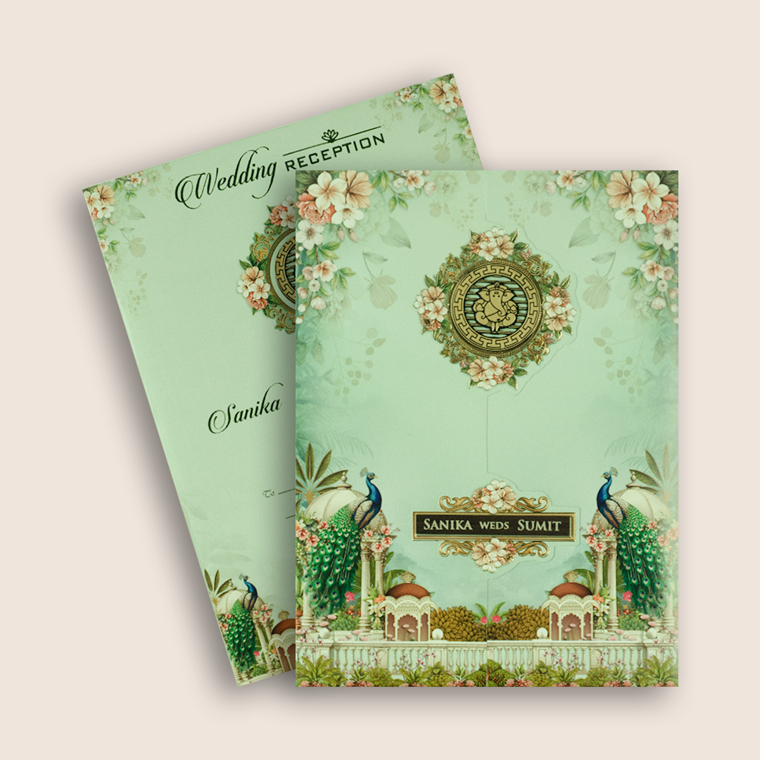 Pastel Green Peacock Door Style Wedding Card - KSH27130