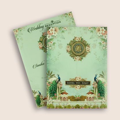 Pastel Green Peacock Door Style Wedding Card - KSH27130
