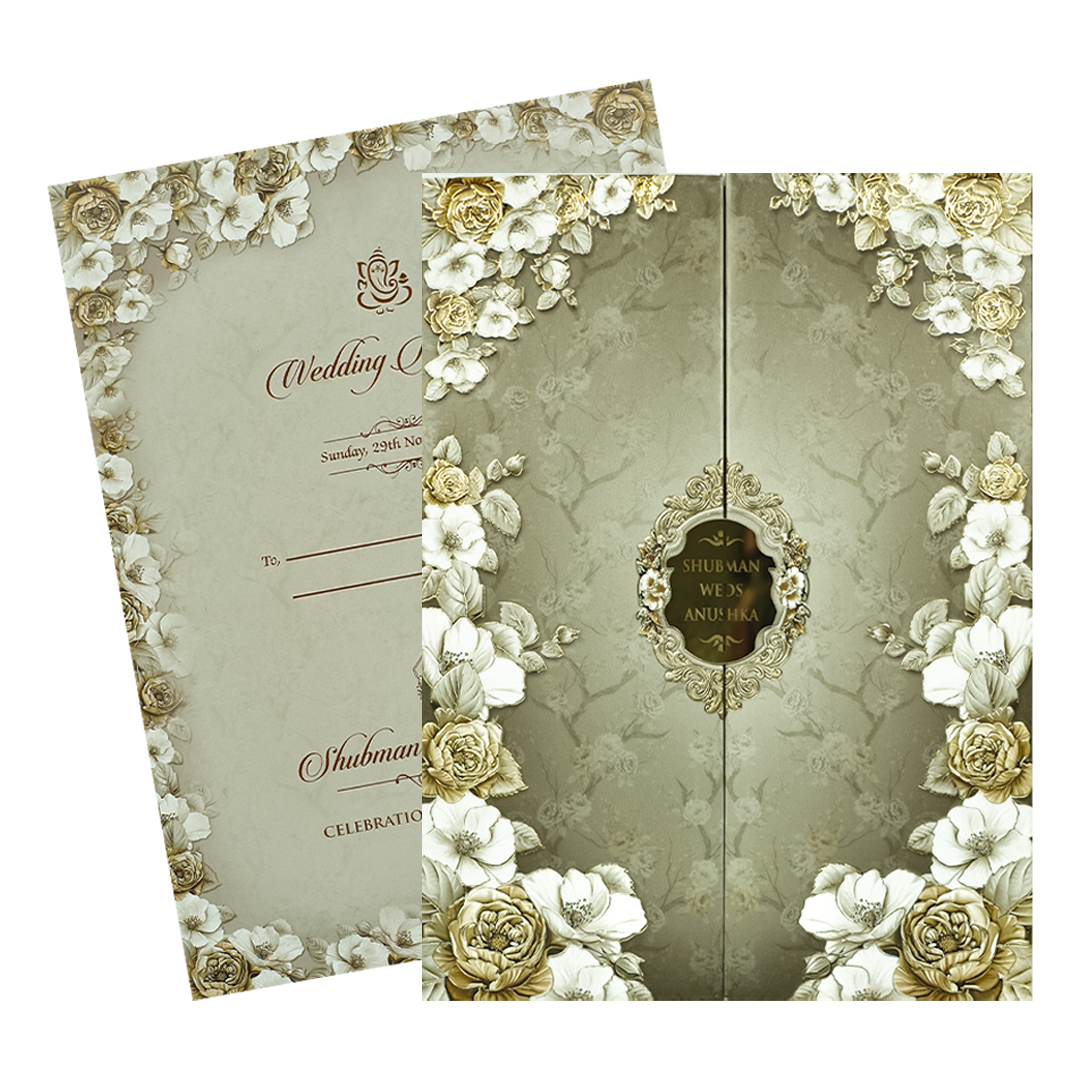 Green Floral Rose Padded Wedding Card-KRB09230