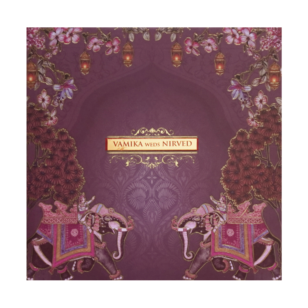 Purple Padded Lantern Elephant Wedding Card - KVN07500