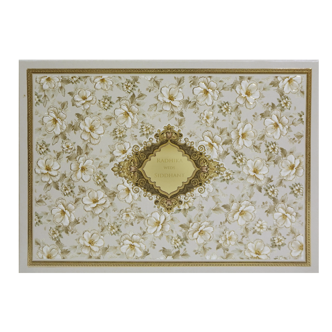 Grey Cream Floral Embossed Laser Cut Padded Wedding Card -KMMWD1143