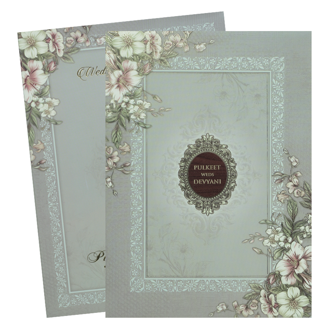 Grey Floral Border Padded Wedding Card-KJTS1814