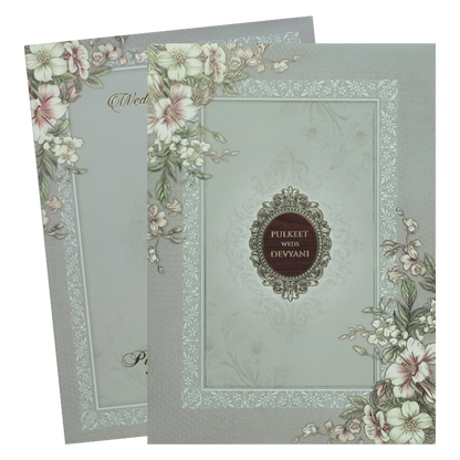Grey Floral Border Padded Wedding Card-KJTS1814