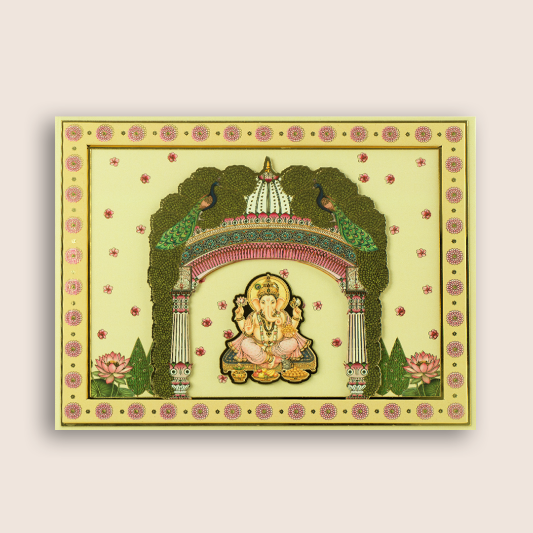 Cream Laser Cut Floral Lord Ganesha Padded Wedding Invitation - KNLW202581