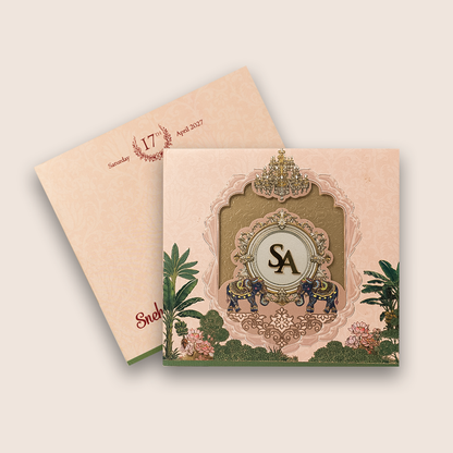 Peach Embossed Elephant Padded Wedding Card - KPR026050